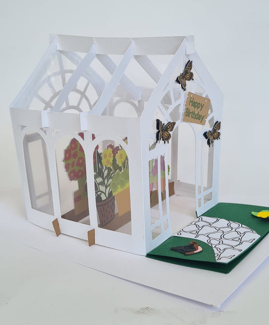 3D Pop-Up Karte – Gewächshaus mit Blumen & Schmetterlingen – "Happy Birthday"