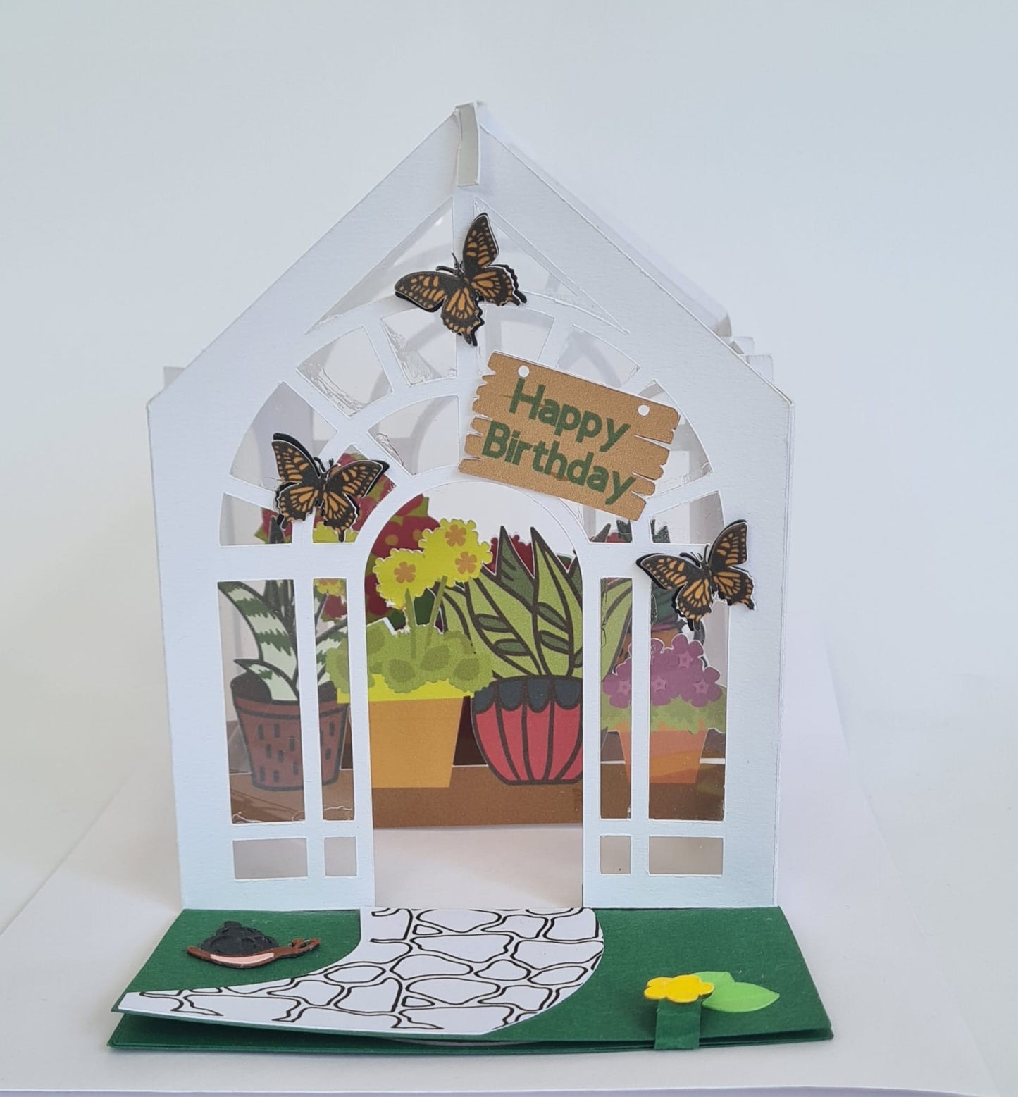 3D Pop-Up Karte – Gewächshaus mit Blumen & Schmetterlingen – "Happy Birthday"