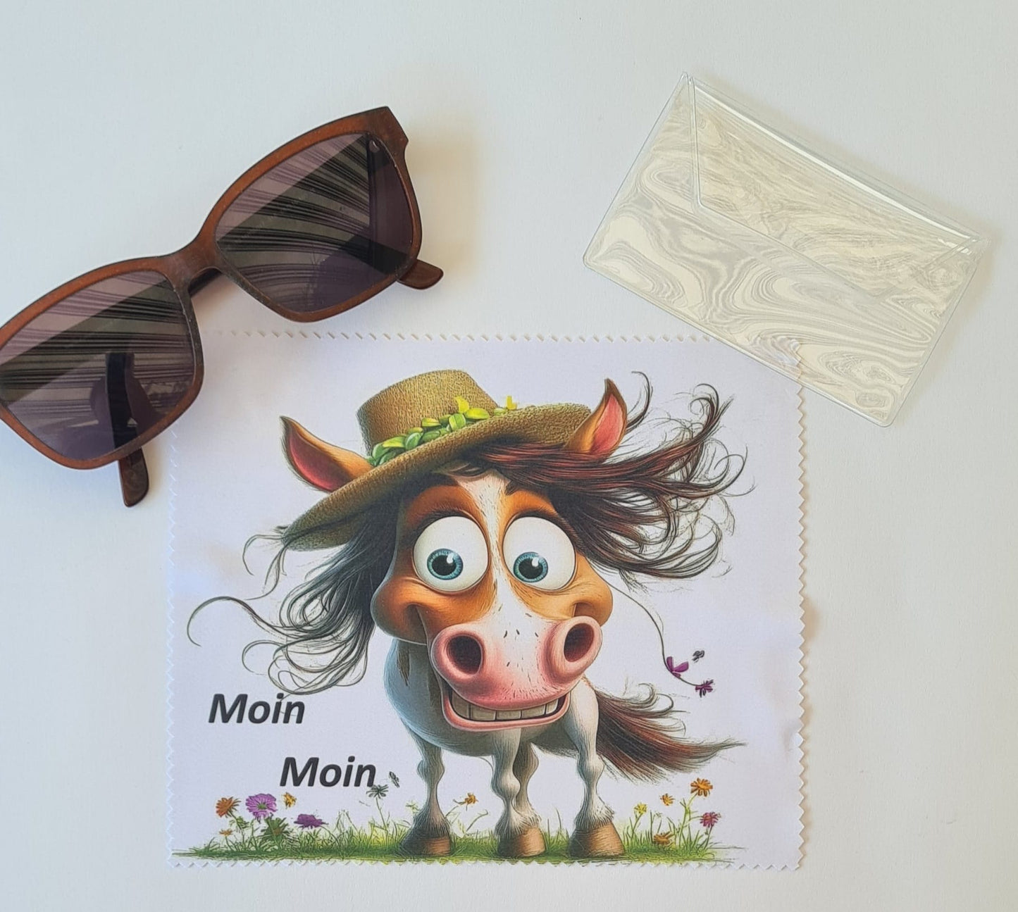 Brillenputztuch mit Moin Moin Pferd – 18 x 15 cm