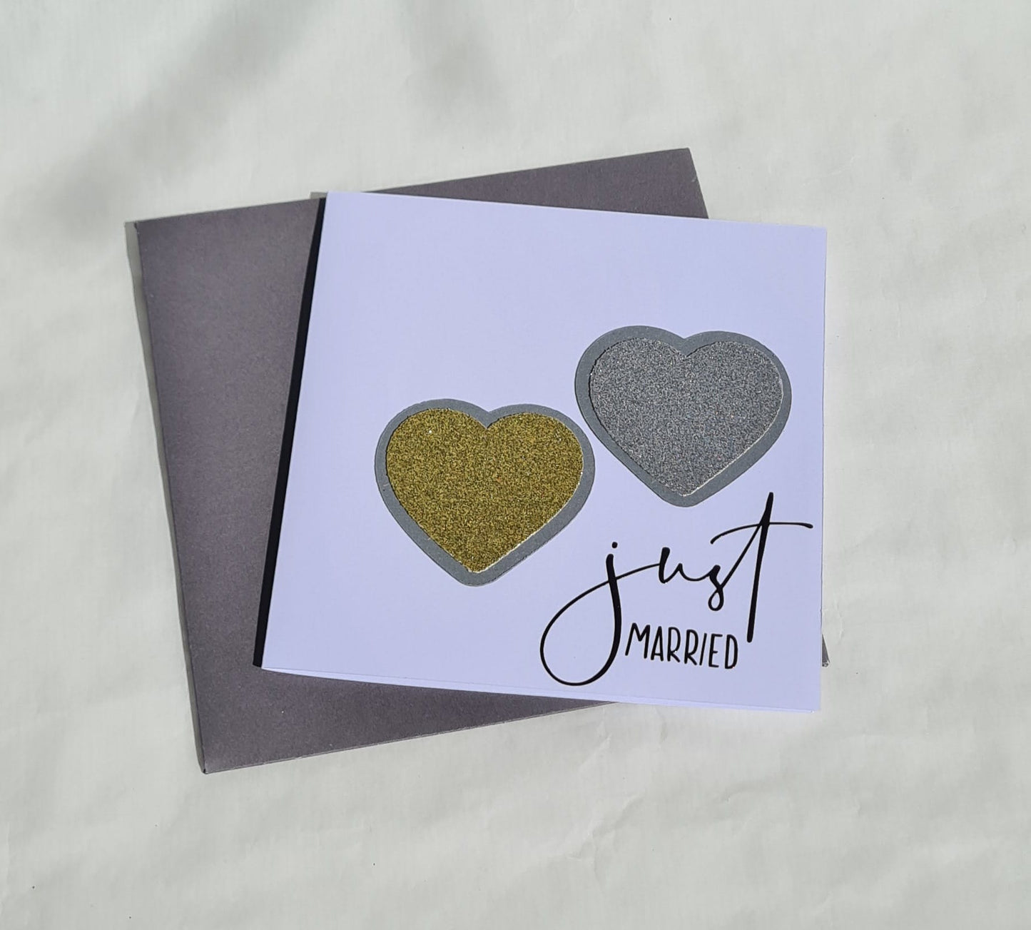 Just Married Karte – Gold- & Silber-Glitzerherz, handgemacht