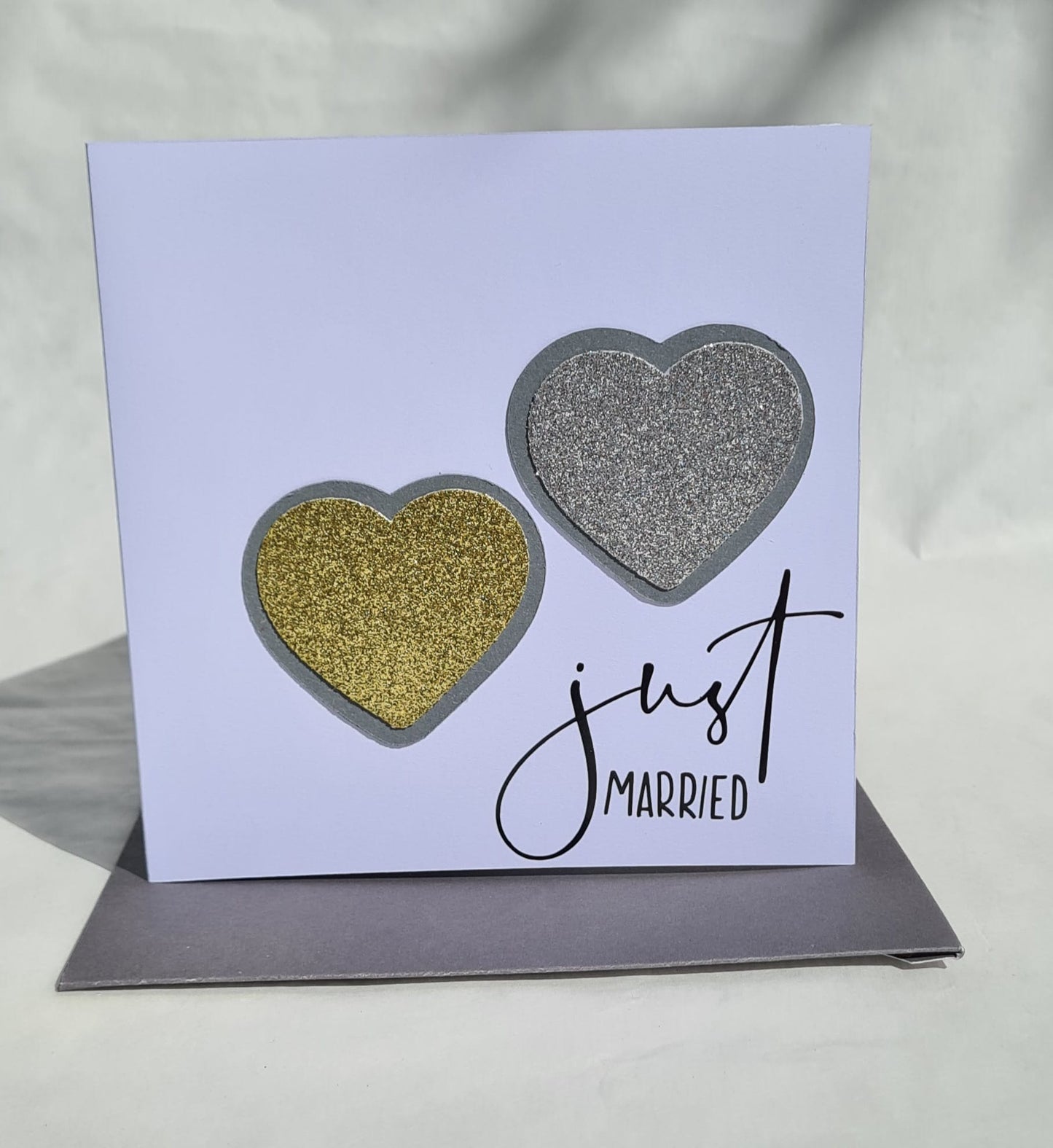 Just Married Karte – Gold- & Silber-Glitzerherz, handgemacht