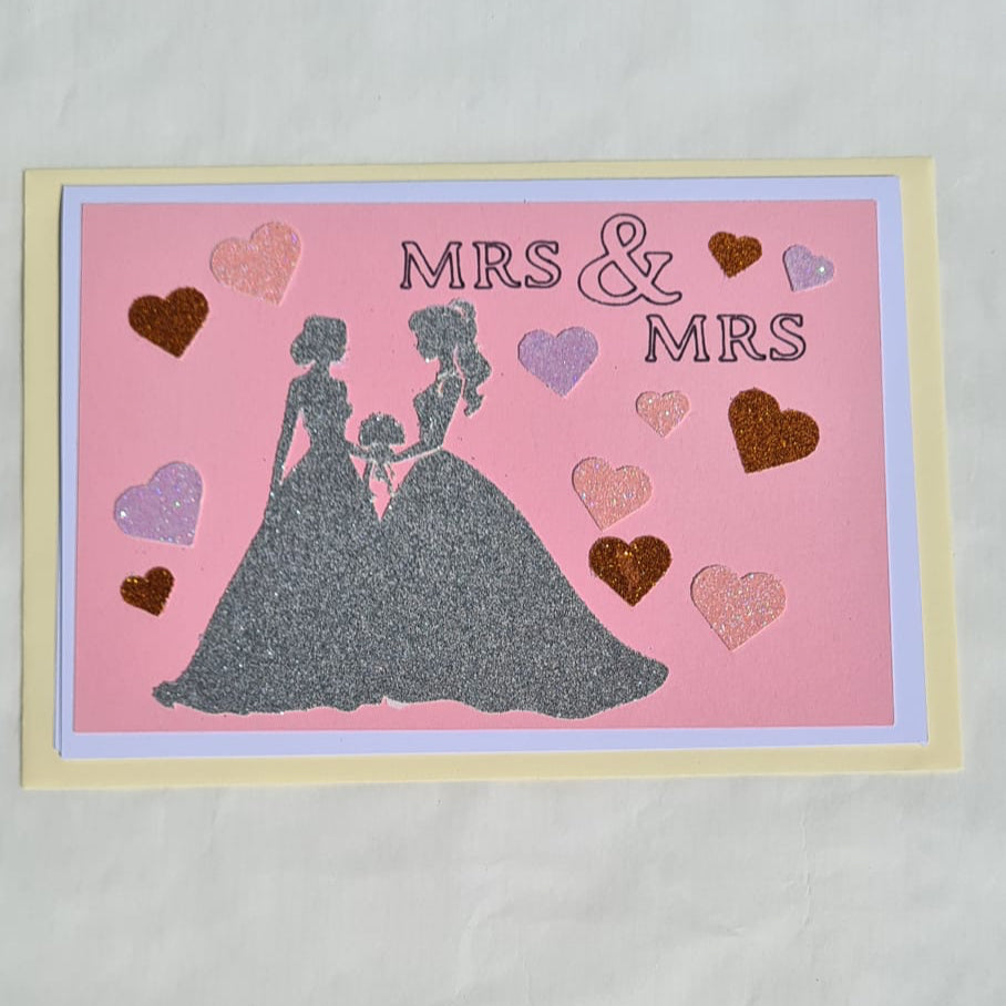 Mrs & Mrs Hochzeitskarte – Glitzerkleid & viel Liebe, handgemacht