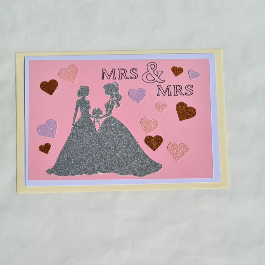 Mrs & Mrs Hochzeitskarte – Glitzerkleid & viel Liebe, handgemacht